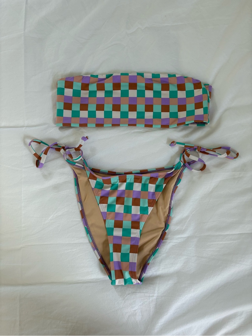 Cotton On Checkerboard Bandeau Bikini in Teal, Lavender, Brown, White
